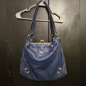 Emma Fox Navy Kiss Lock Shoulder Bag with Gold Accents